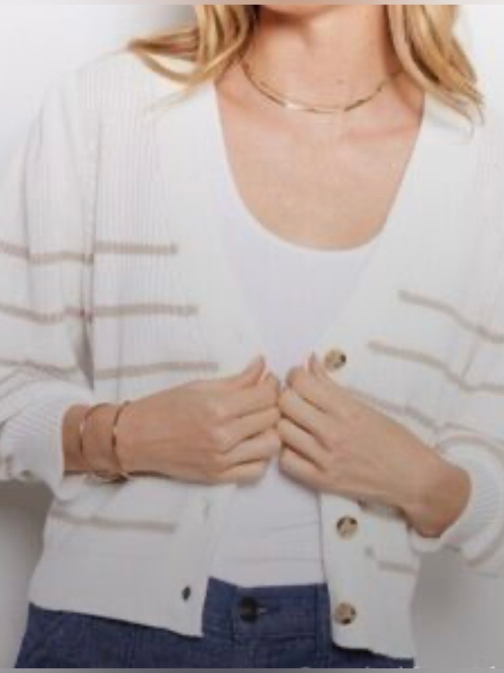 Evereve Hayes Striped Cardigan Sweater Ivory Taupe Puff Sleeve Size Medium